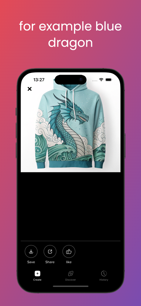 T-Shirt Designer: AI Fashion - A blue hoodie with an AI-generated blue dragon design on the screen of a mobile app.