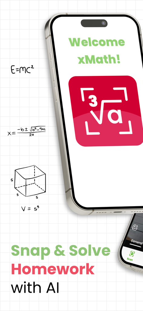 Math Solver－AI Homework Helper - Smartphone screen displaying Math Solver app with the slogan Snap and Solve Homework with AI surrounded by math formulas