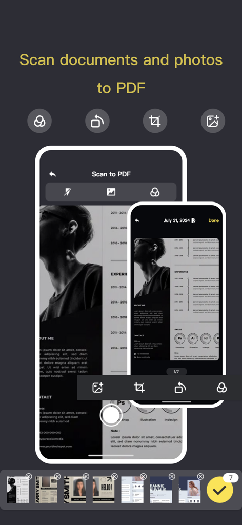 PDF Reader - Viewer&Scanner - Interfaz de la app Lector PDF mostrando la función Escanear a PDF con un escaneo de documento en progreso