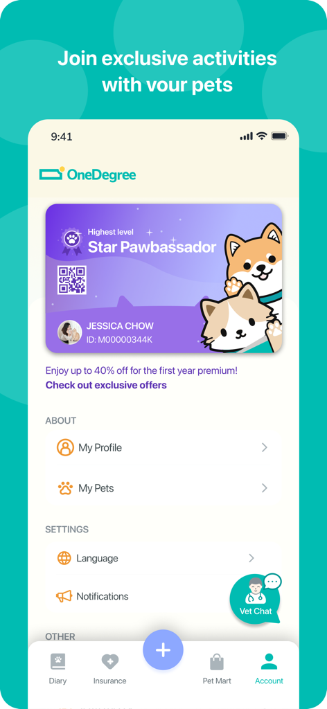 PawBook- Pet Diary - PawBook app account screen displaying a Star Pawbassador membership card and vet chat feature