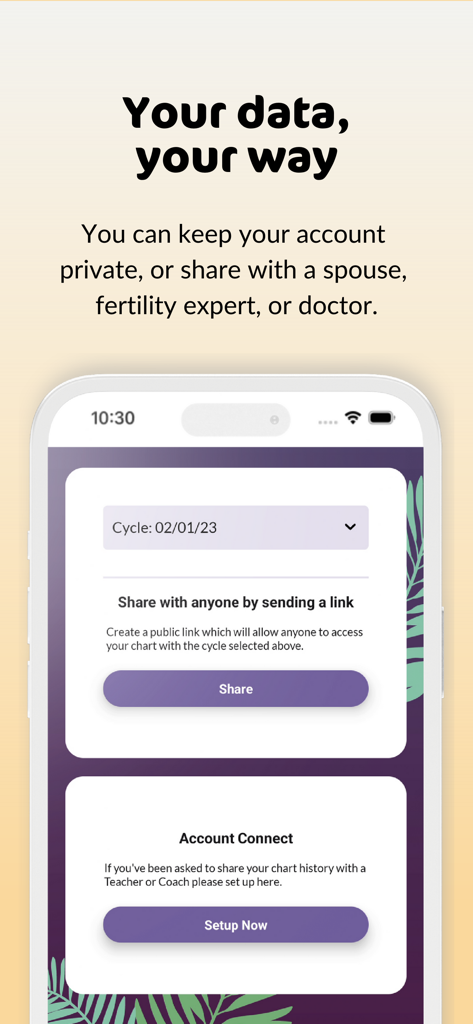 A screen from the PeakDay app showing options to keep fertility data private or share it with a spouse, doctor, or fertility expert.