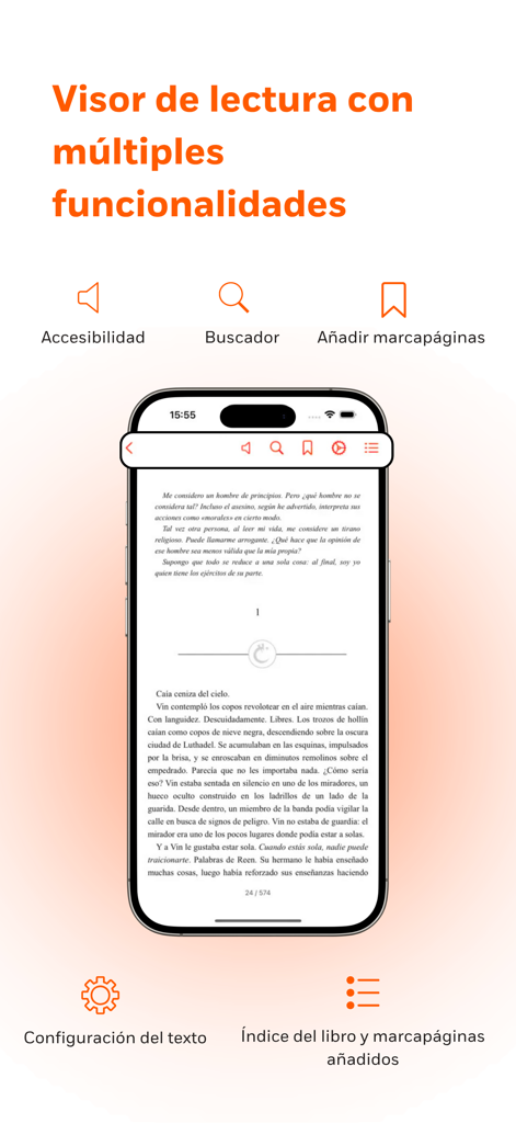 Penguinlibros - Penguinlibros app ebook reader interface showing Spanish text and reading customization features