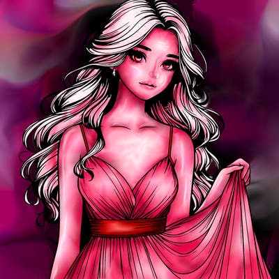 realistic girl in flowy silky prom dress