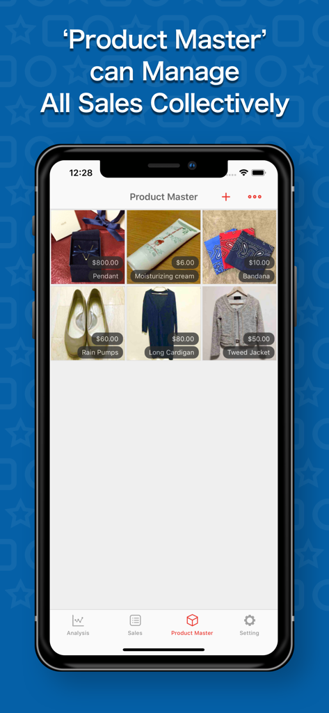 The Product Master screen of the Seller Book app showing a grid of inventory items with prices for resellers.