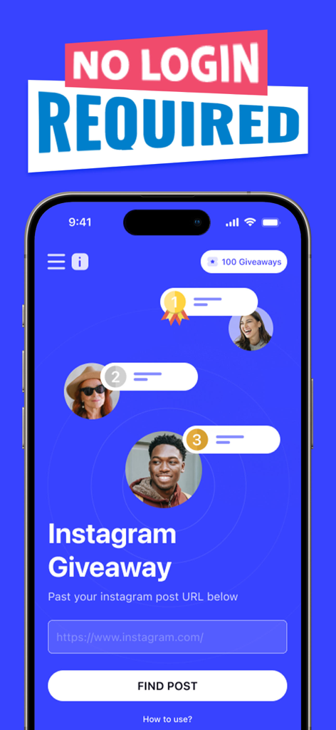 Giveaway for Instagram Luckify - Luckify mobile app interface showing the Instagram giveaway winner picker with no login required