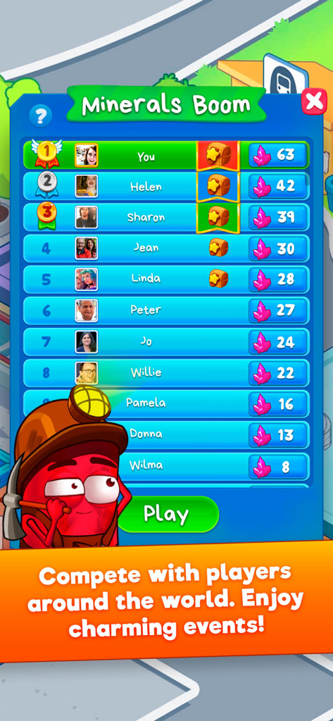 Sugar Heroes - World match 3 - Leaderboard screen in Sugar Heroes showing global player rankings for the Minerals Boom event