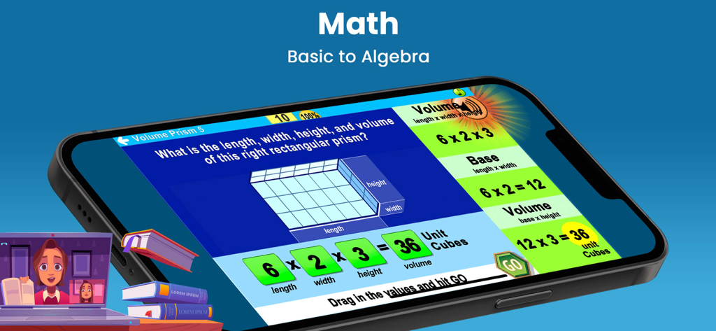 A math lesson on calculating the volume of a rectangular prism in the Learning Upgrade app