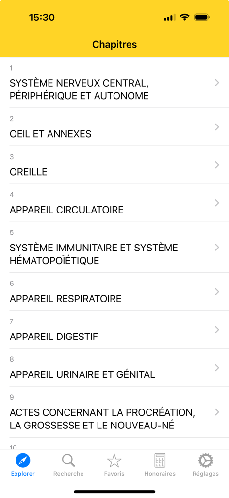 Screenshot of the iCCAM app showing the list of medical chapters for classification of acts