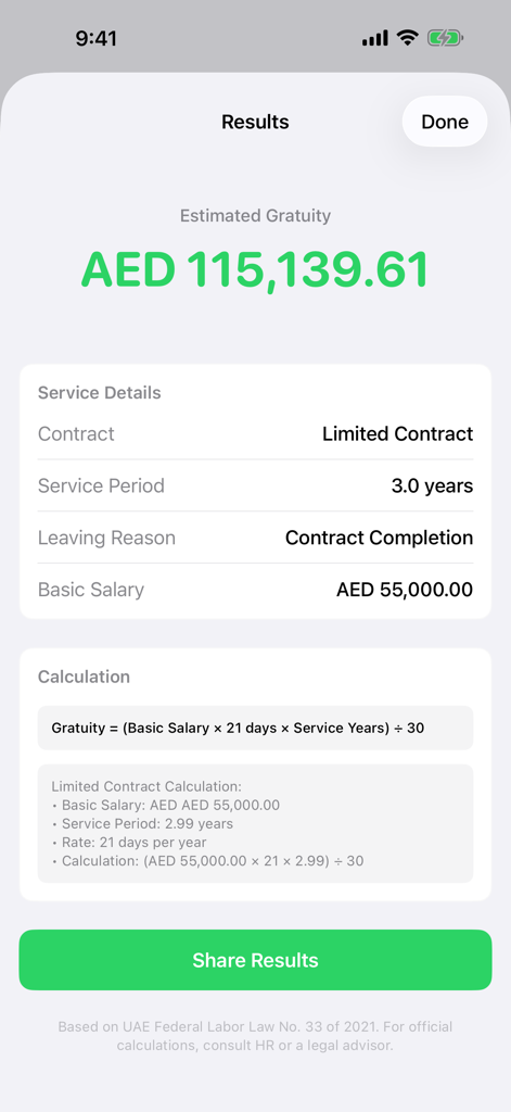 Gratuity Calculator : UAE - Results screen of the UAE Gratuity Calculator app showing an estimated payout of 115,139.61 AED with a detailed calculation breakdown based on labor law.