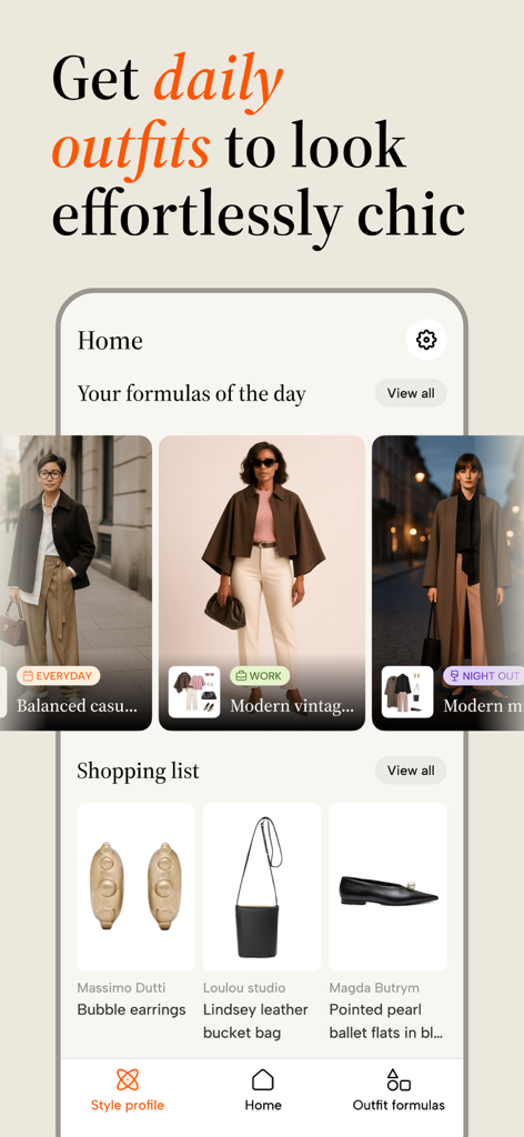 Stylio - Personal AI Stylist - Stylio app home screen showing daily outfit formulas and a curated shopping list for chic professional looks