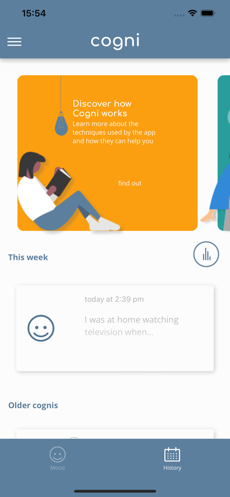 Cogni - Cogni app home screen displaying a weekly mood entry and an educational card about CBT techniques