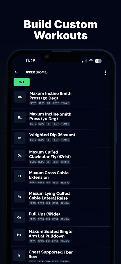 Tracked • Strength Training - Mobile app interface for building custom strength training workouts showing a list of upper body exercises.