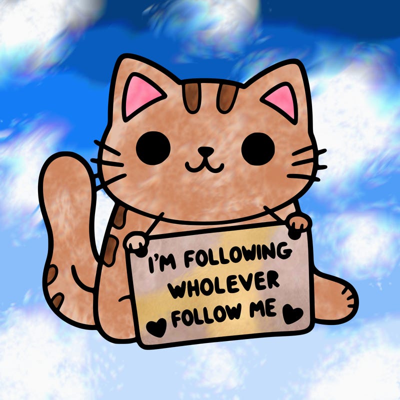 cat with a sign that says i’m following whoever follows me