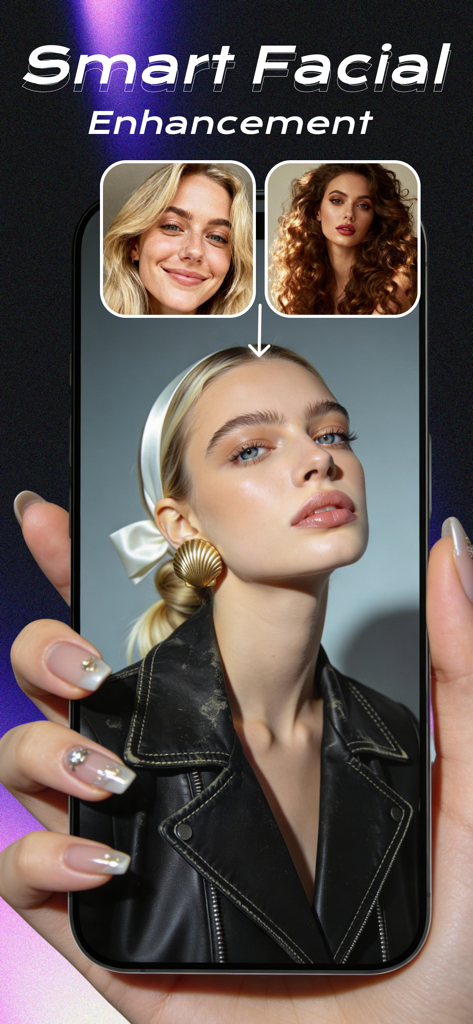 Un écran de smartphone affichant l'application MagsMake AI avec le texte Smart Facial Enhancement et des transformations de beauté virtuelles