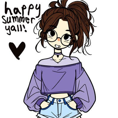 girl with a messy ponytail glasses a baggy crop top and jean shorts