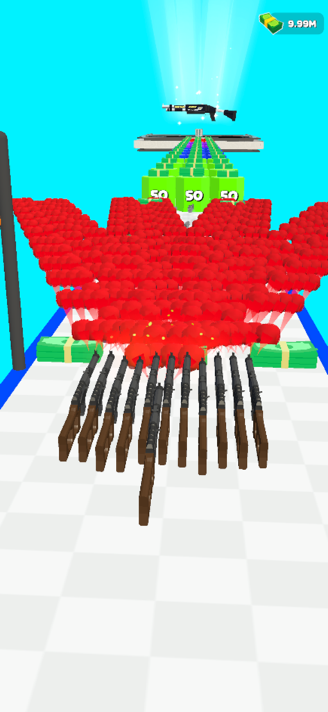 Gun Clone - Multiple cloned rifles shooting red projectiles at numbered green crates on a track in the Gun Clone mobile game.