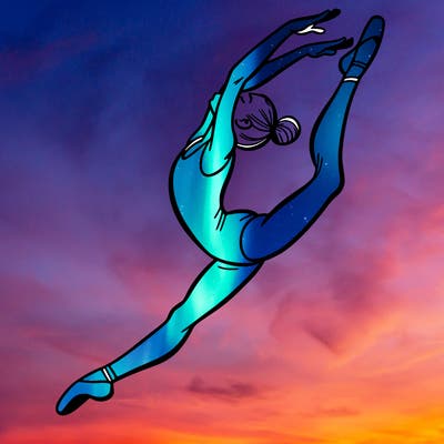 gymnast doing a leap in a leotard with a bent back leg