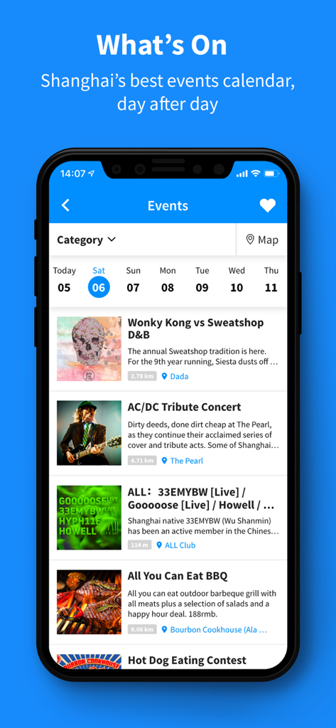 상하이의 현지 이벤트 및 밤문화 활동 목록을 표시하는 SmartShanghai 앱 인터페이스
