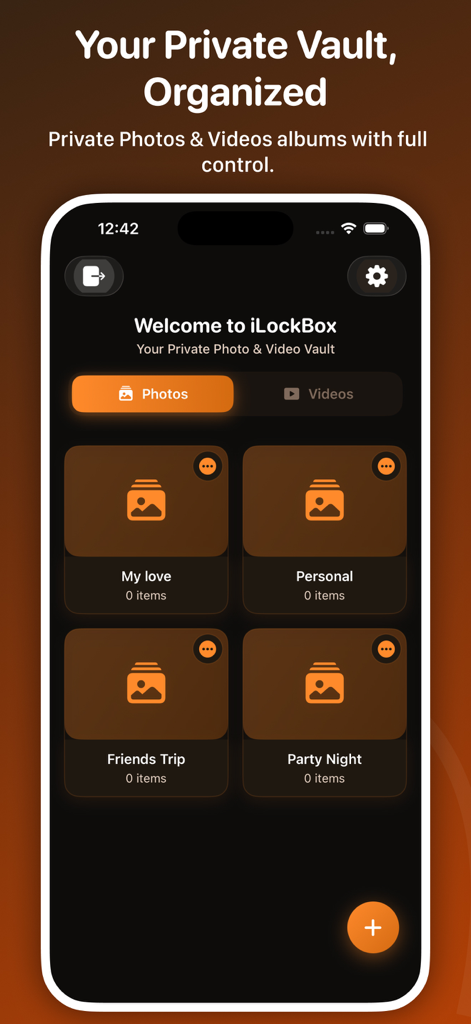 Private Photo Vault: iLockBox - The iLockBox app interface showing organized private photo albums like Personal and Friends Trip in a secure vault