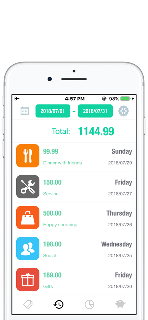 NextCost-Money Flow,My Savings - NextCost app screen showing a list of monthly expenses and total spending