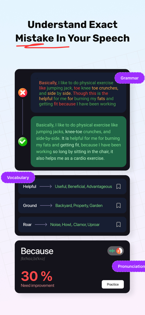 IELTS Speaking Assistant App - IELTS Speaking Assistant app screenshot showing grammar correction, vocabulary synonyms, and pronunciation feedback.