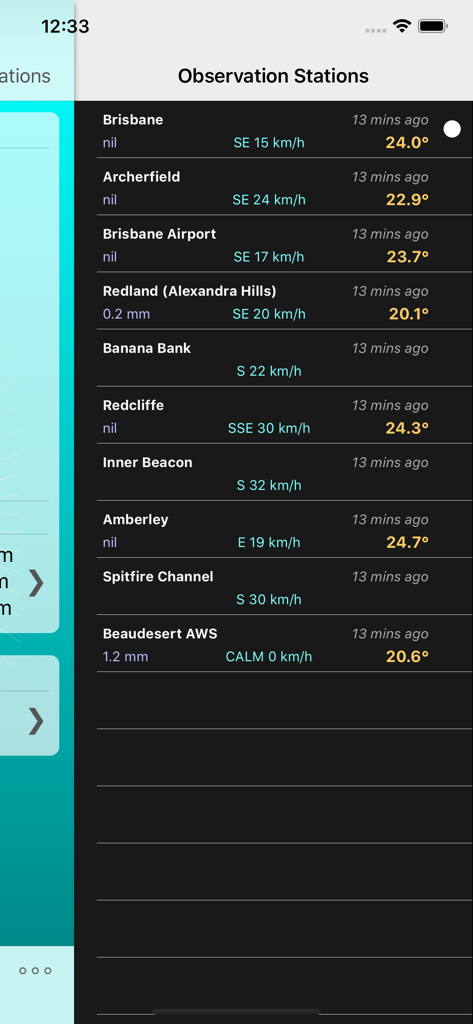 A list of Australian weather observation stations showing current temperature wind and rainfall data in Oz Weather Plus