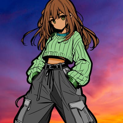 anime teen girl with baggy pants and crop top with sweater