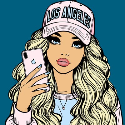 realistic beautiful girl wearing los ángeles cap holding an iphone