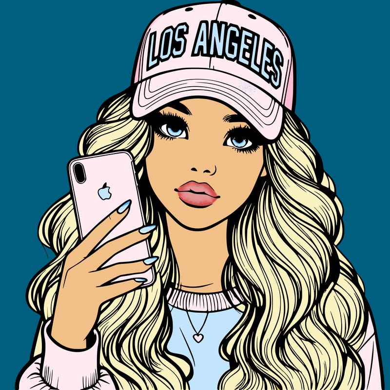 realistic beautiful girl wearing los ángeles cap holding an iphone