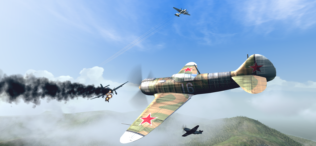 A Soviet fighter plane engaged in an aerial dogfight with a smoking enemy aircraft in a clear blue sky.