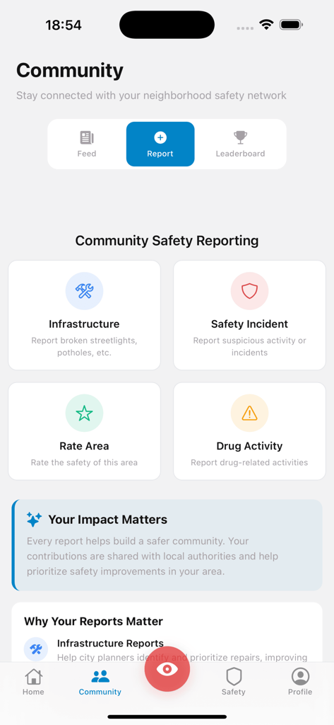 My Watchman - My Watchmanモバイルアプリのコミュニティ画面。安全インシデント、インフラ、薬物活動の報告カテゴリが表示されています。