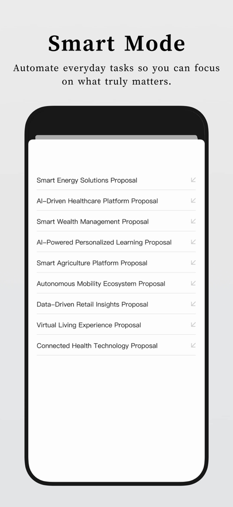 AI Agent - Super AI Assistant - Smartphone screen displaying the Smart Mode feature for automating business proposals and daily tasks