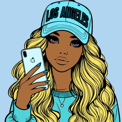 realistic beautiful girl wearing los ángeles cap holding an iphone