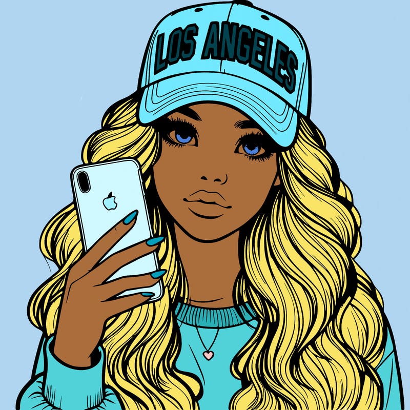 realistic beautiful girl wearing los ángeles cap holding an iphone