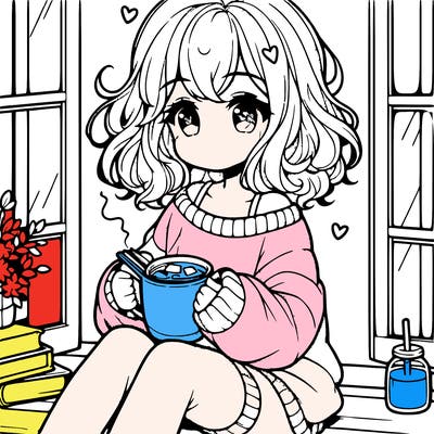 cute anime girl reading book and drinking hot chocolate from mug with loose wavy hair wearing a baggy sweatshirt and shorts sitting by windowsill looking out