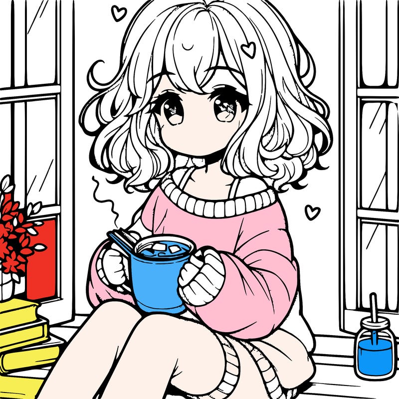cute anime girl reading book and drinking hot chocolate from mug with loose wavy hair wearing a baggy sweatshirt and shorts sitting by windowsill looking out