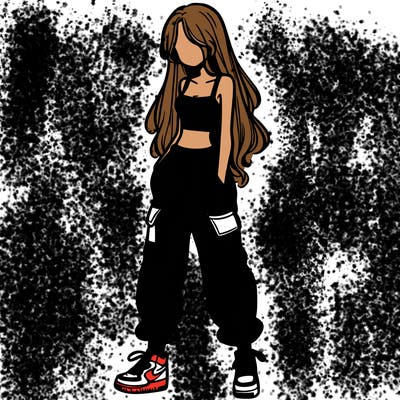 girl in baggy pants crop top and long hair