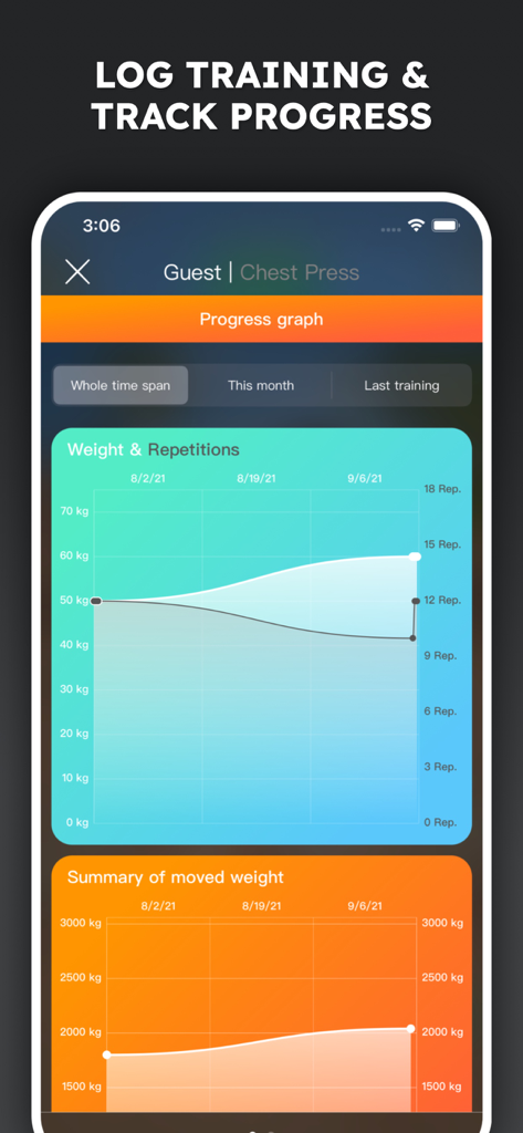 Gym Workout Tracker Planner AI - Aplicación Gymnotize que muestra gráficos de progreso de peso y repeticiones para entrenamiento de press de banca
