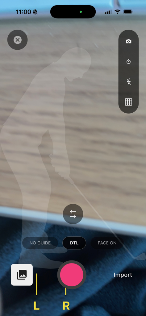 TOKTI - Video Analysis AI - TOKTI app camera interface with a golfer silhouette guide for video analysis