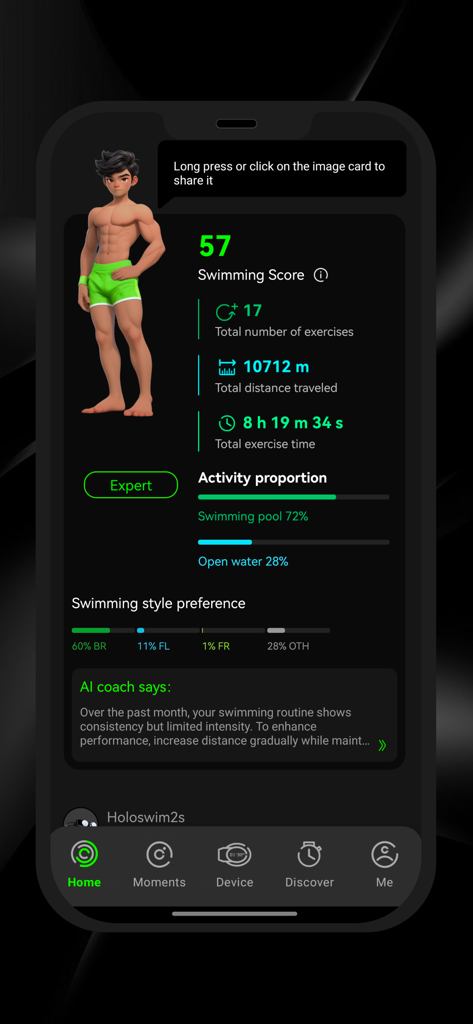  Statistiques détaillées de natation et retours de coaching IA dans l'application Holosport.
