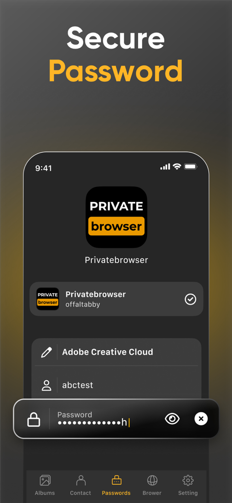 Interface of the SPV Photo Vault app showing the secure password manager feature