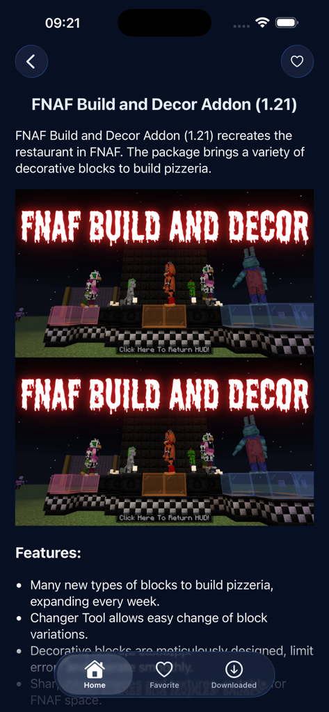 FNAF Build and Decor addon page with Minecraft characters on a stage