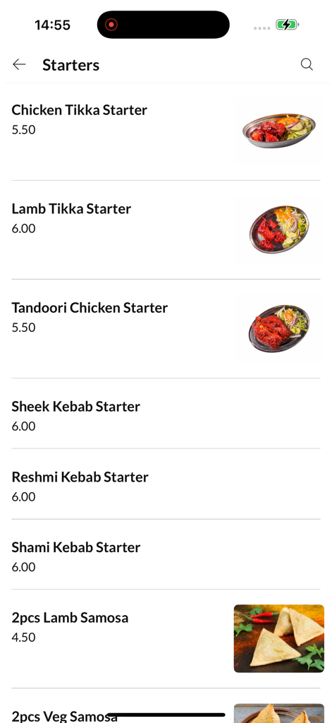 Starters menu screen of the Grange Park Tandoori app displaying authentic Indian appetizers with images and prices