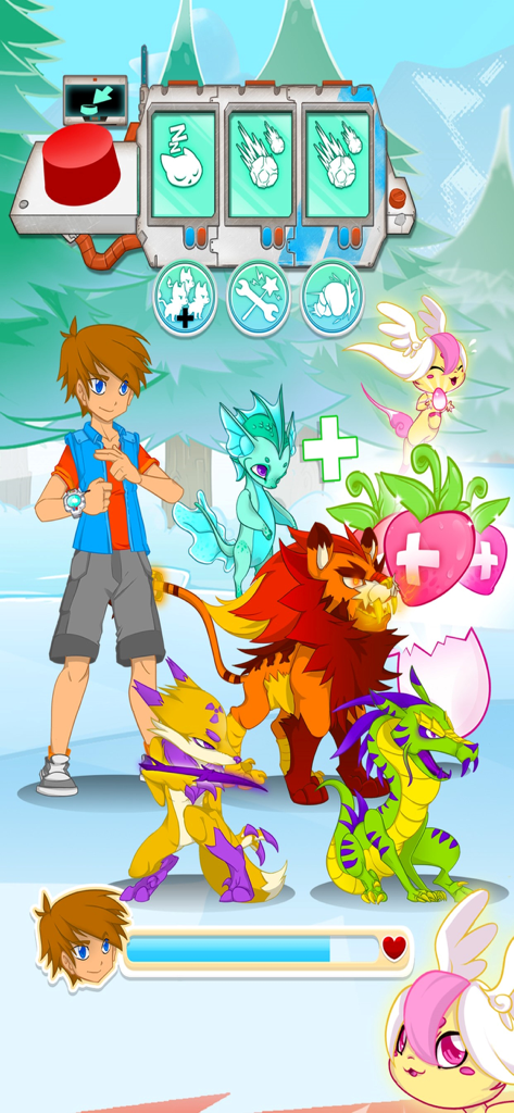 A monster trainer standing with a team of various colorful creatures in a snowy arena