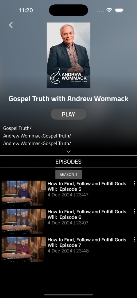 Pantalla de la aplicación TLN plus que muestra Gospel Truth with Andrew Wommack y una lista de episodios disponibles.