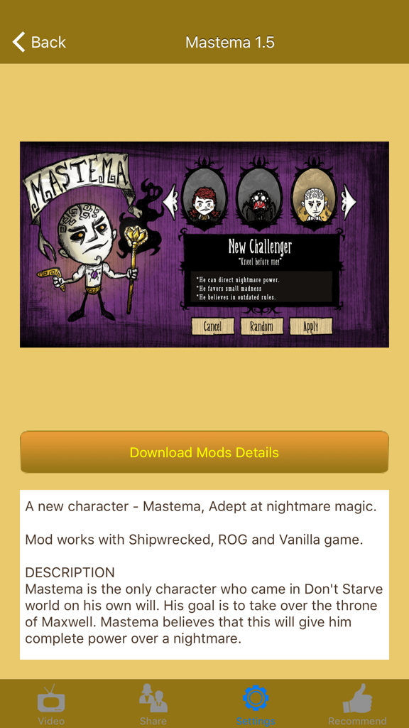 Mods for Don't Starve and Don't Starve Together - A mobile app screen displaying details and description for the Mastema character mod for Don't Starve