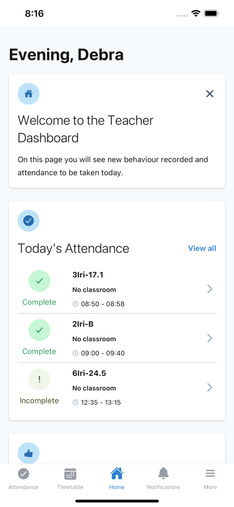 Teacher dashboard interface in the VSware app showing class attendance tracking