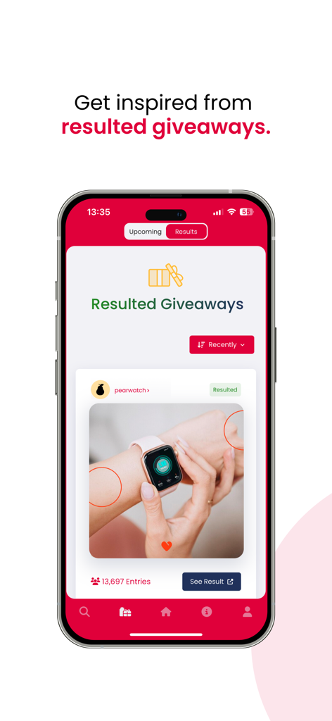 Simpliers - Giveaway Picker - Simpliersアプリの画面、合計応募者数とソーシャルメディアクリエイター向けの透明な結果とともに、結果が出たプレゼント企画のリストが表示されています