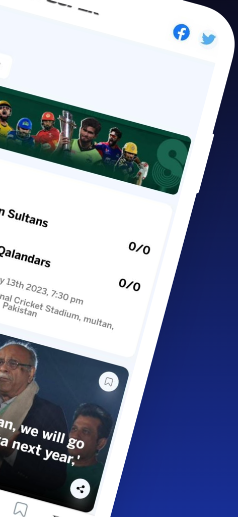 Mobile app interface of Geo Super Official showing cricket match scores and sports news