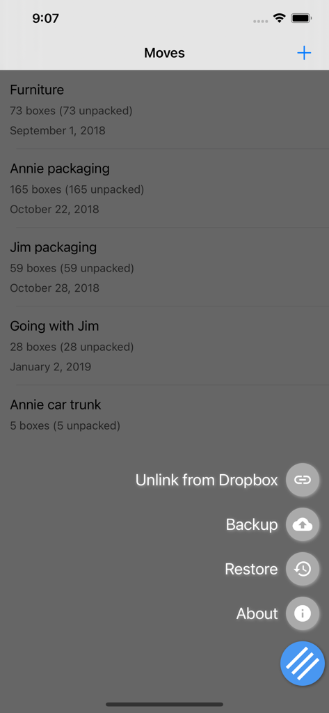 Moving Organizer Pro - Moves list screen and cloud storage menu in Moving Organizer Pro app